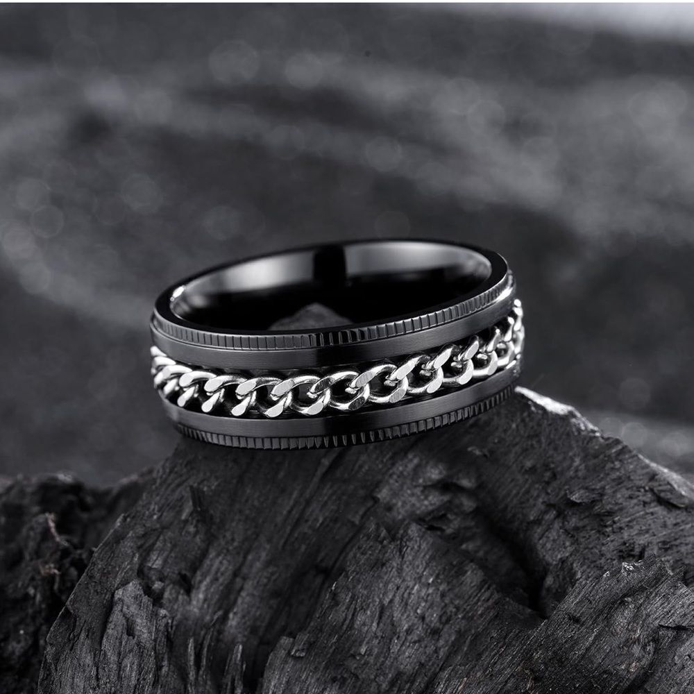 Men's Black and Silver Chain Ring